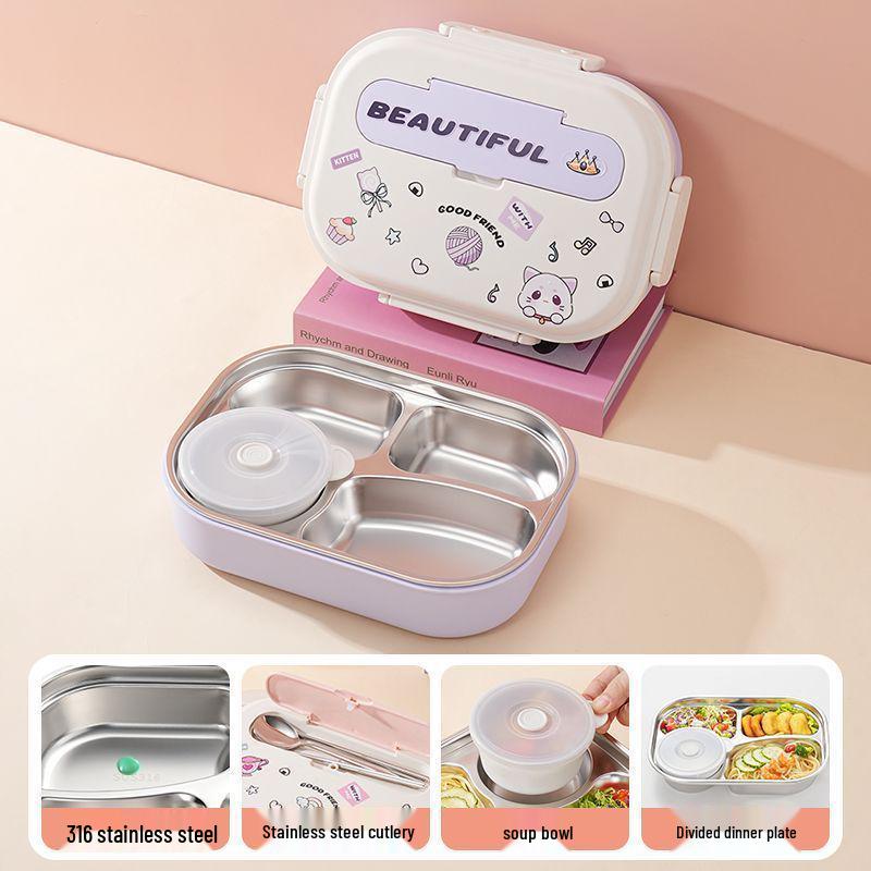 Boîte à lunch Bento pour enfants, à couvercle rabattable, en acier inoxydable 316, compatible micro-ondes, avec compartiments pour les aliments, à décorer soi-même et décorée de dessins animés.