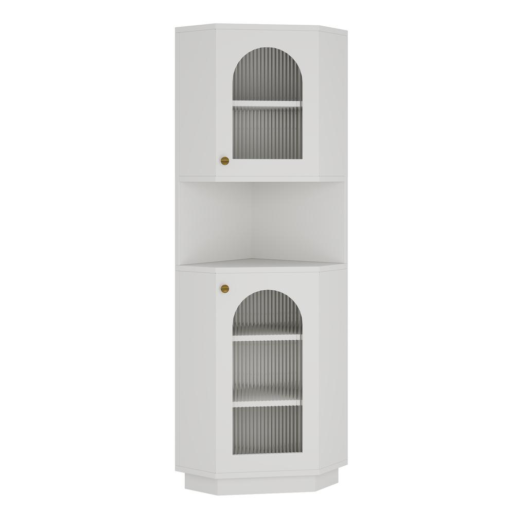 Bathroom Cabinet with Light Strip, Corner Cabinet with Two Storage Compartments, Open Compartment with Adjustable Shelves, 45x 45 x 166.5 cm, White
