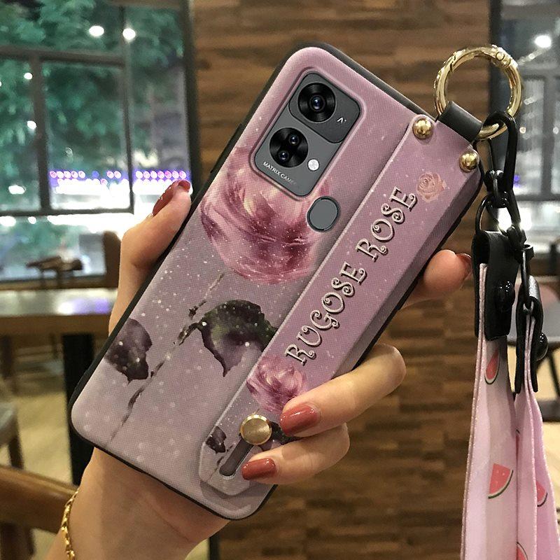 Ring Dirt-resistant Phone Case For Oukitel C33 Fashion Design Wrist Strap Lanyard Phone Holder Kickstand Silicone Flower