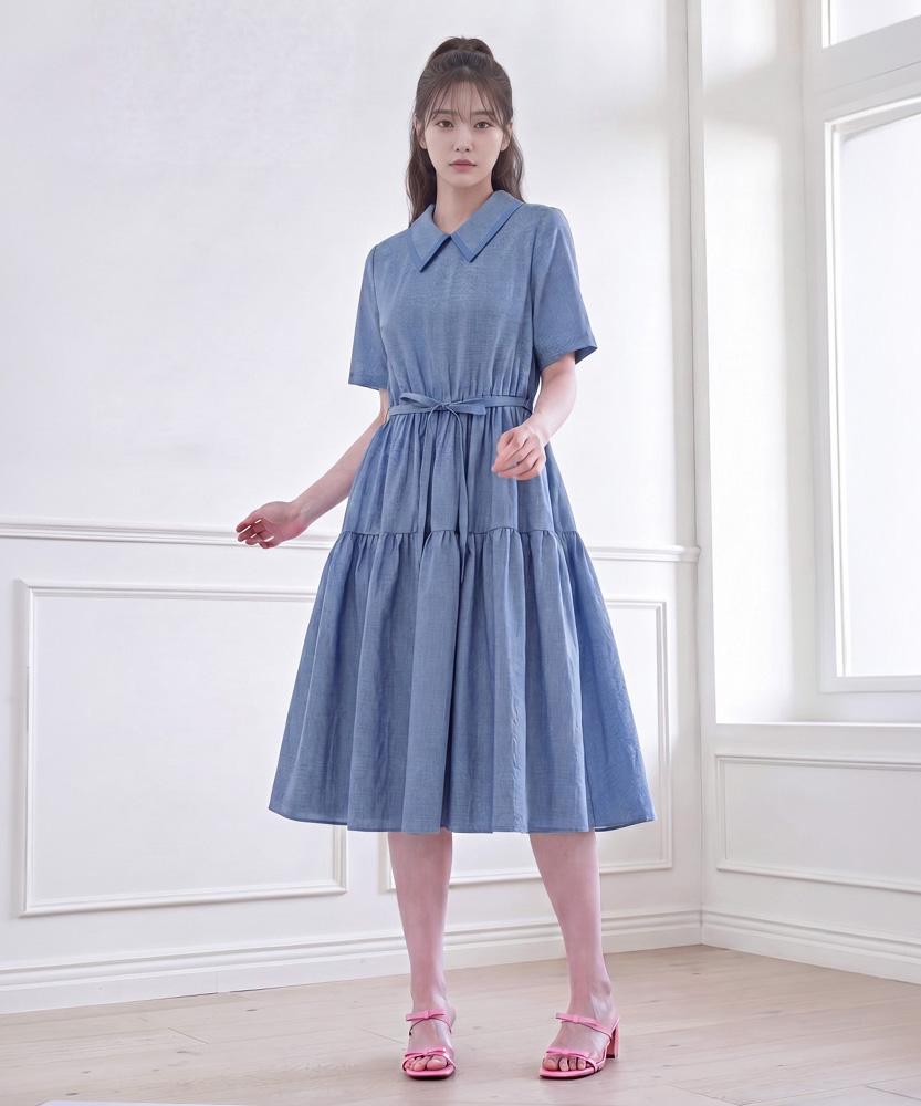 L By L Blue Check Denim Color Block Tiered Dress