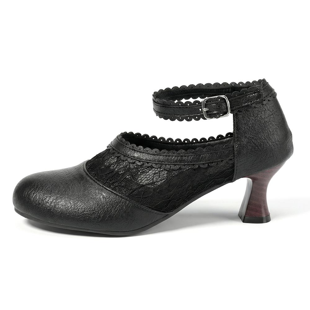 Dámské Mary Jane lodičky nadměrné velikosti, 6cm podpatek, krajkové lemování, PU boty