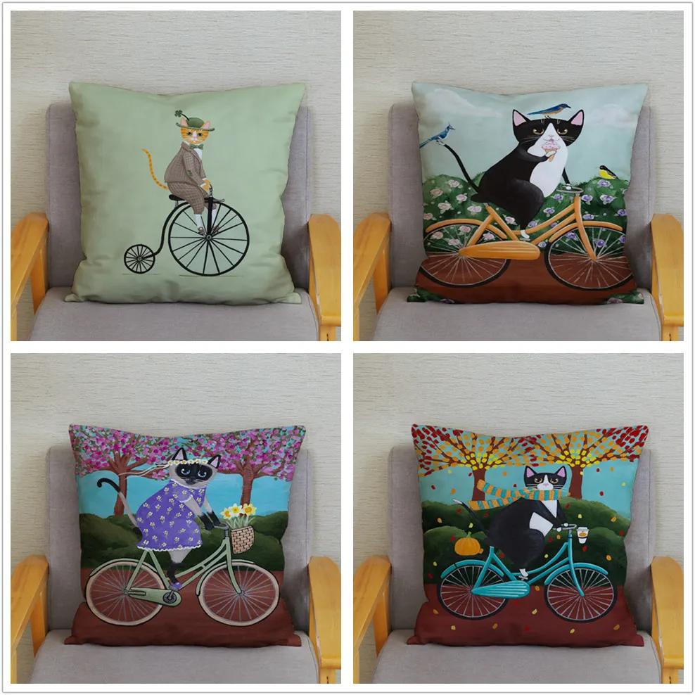 Cartoon Cycling Cat Print Cushion Cover Super Soft Pillowcase 45x45  Home Decor