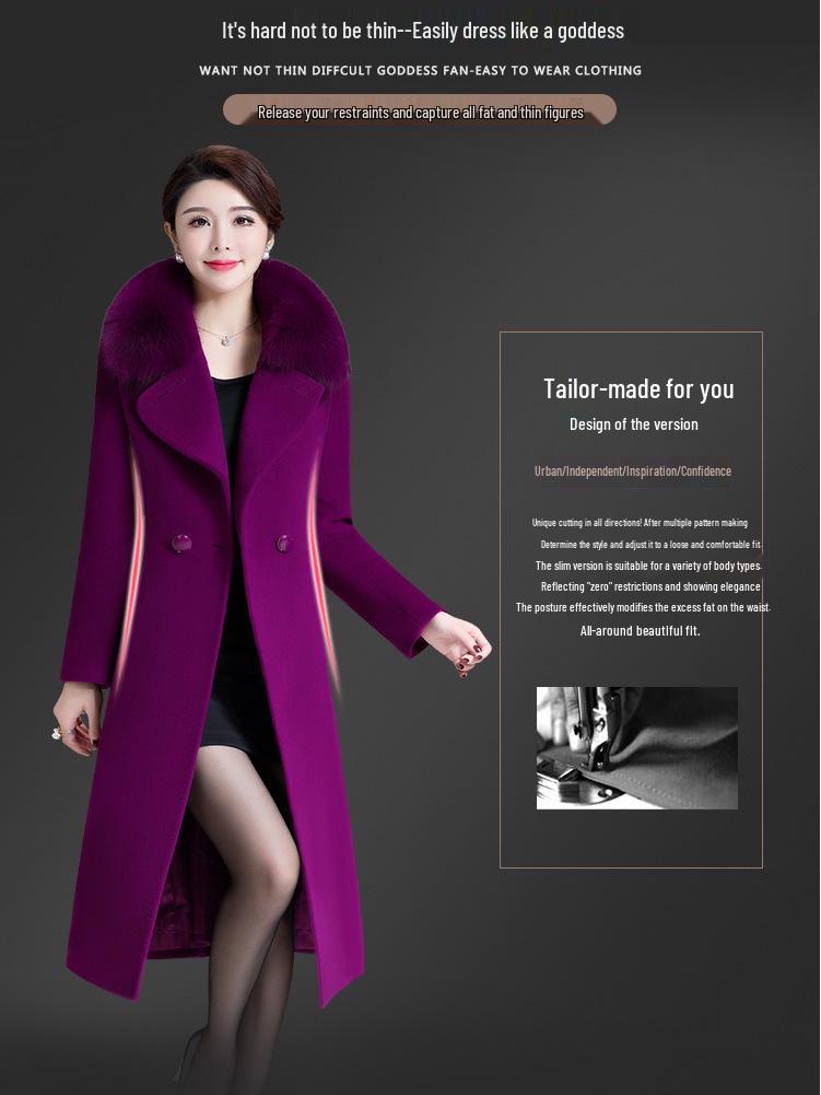 Women's Mid-Length Korean Wool Coat with Fox Fur Collar – Autumn/Winter