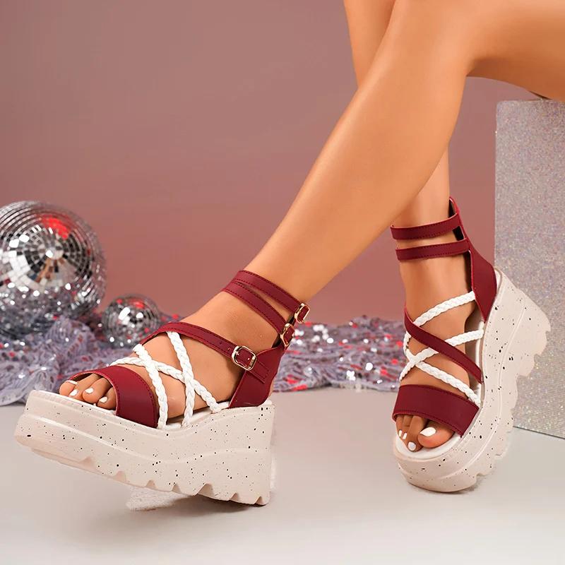 Fashion Cross Band Chunky Platform Sandals Women 2025 Summer Thick Sole Wedges Rome Sandles Woman Super High Heel Gladiator Sandalias 43