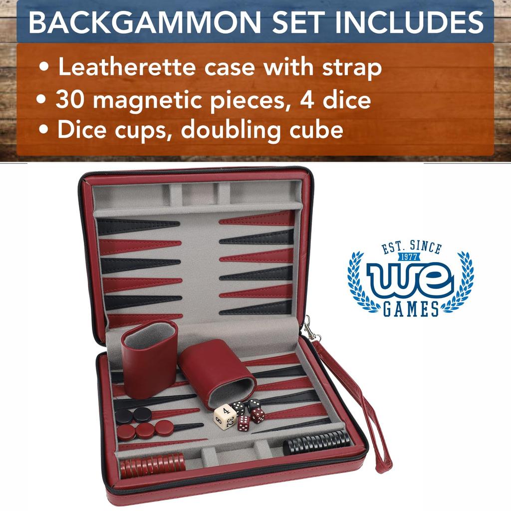 WE Games Burgundy Magnetic Backgammon Set with Carrying Strap Travel Size -