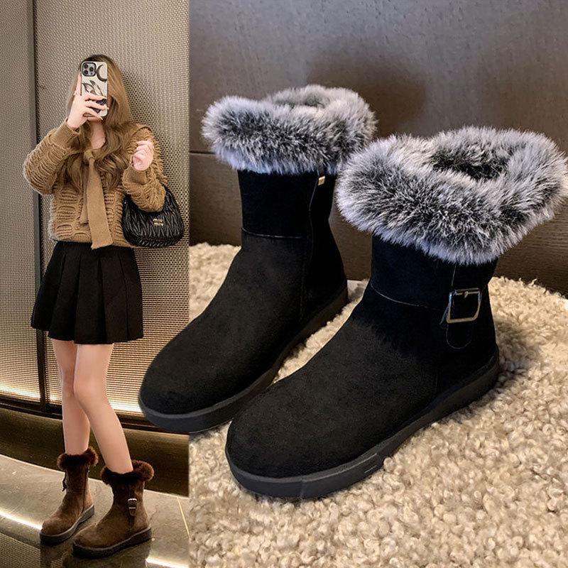 Women's  Retro Suede Fur Snow Boots: Soft, Non-Slip, Short, Velvet-Lined, Thick Warm Cotton.