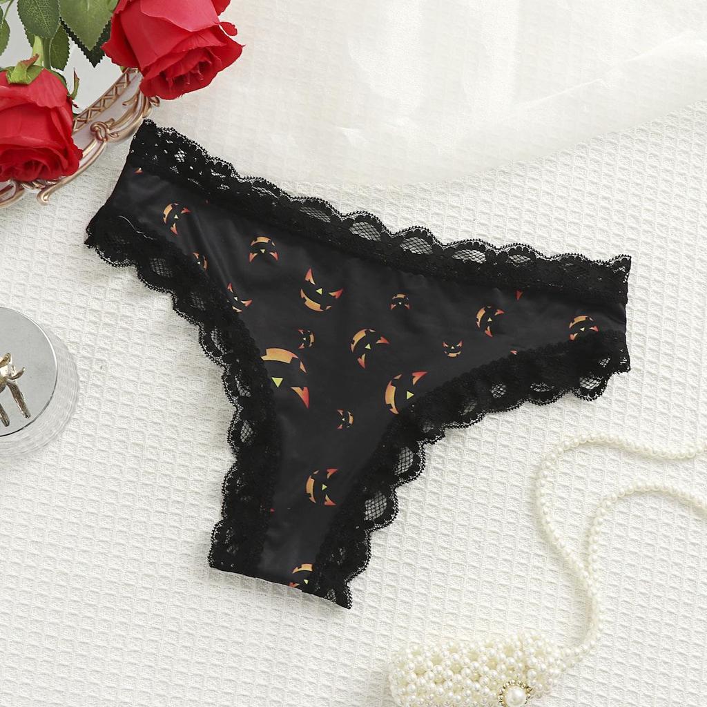 Lace Patchwork Seamless Halloween & Christmas Print Ice Silk Thong 367