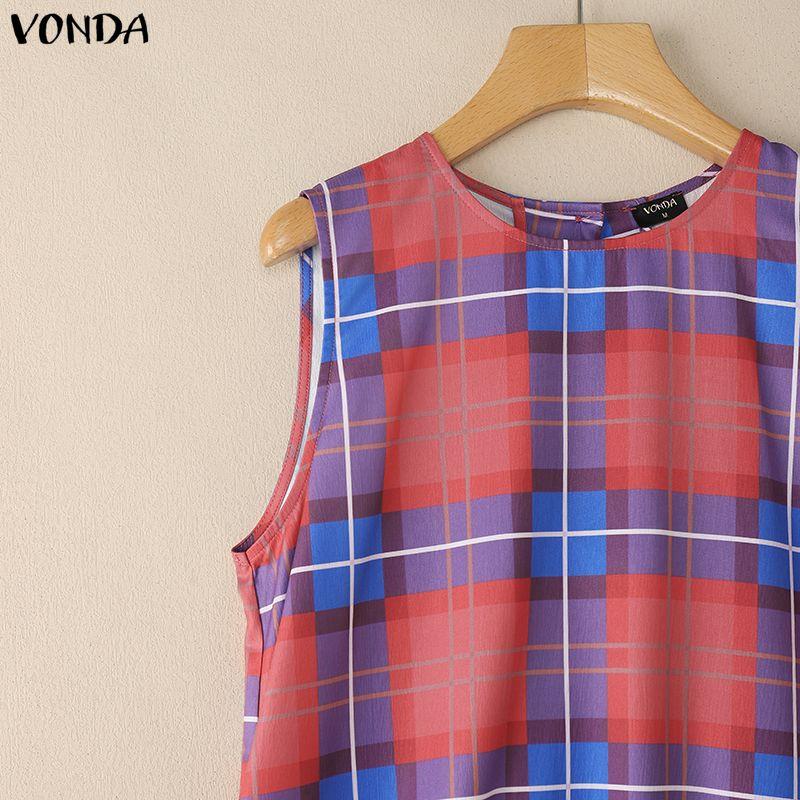VONDA Ethnic Women Casual Round Neck Sleeveless Plaid Print Casual Tunic Dress