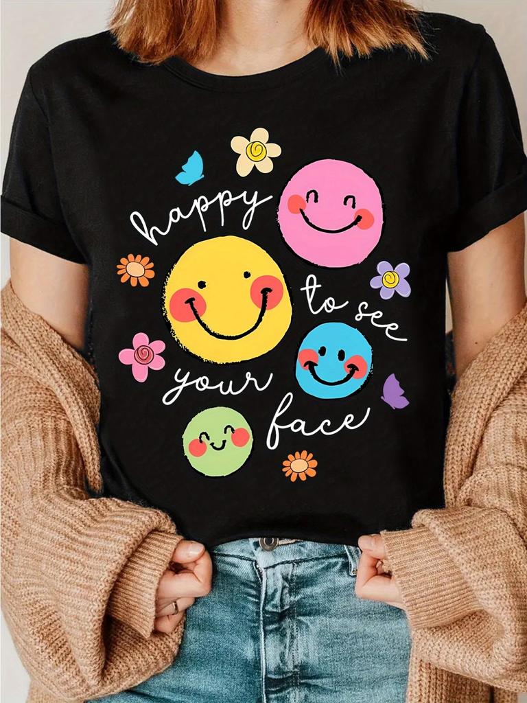 Women's Cute Heart Smile Face Print T-Shirt Casual Short Sleeve Summer Colorful Graphic Tee Short Sleeve Tee Plus Size Colorful
