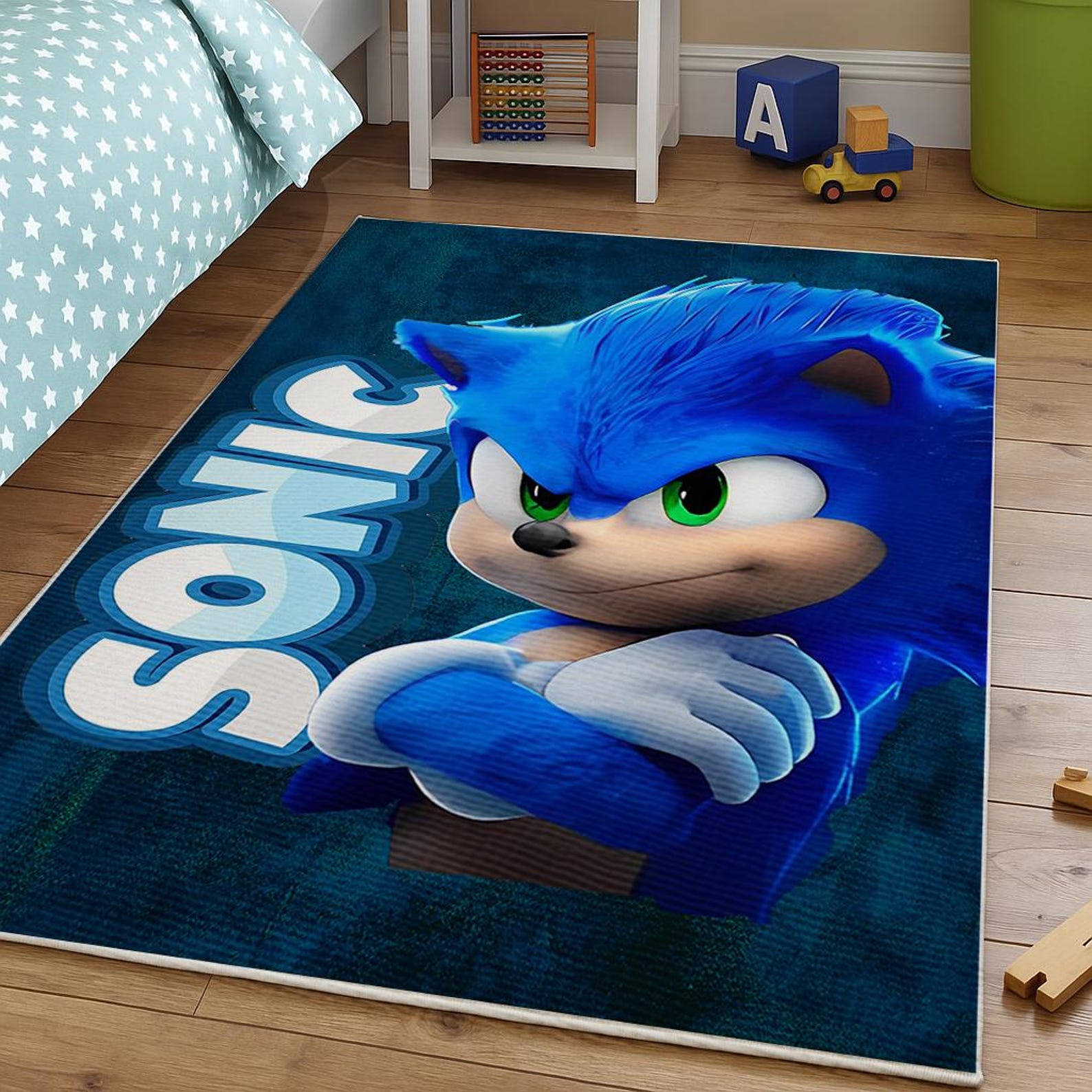 

Non Slip Washable Blue Speed Hero Kids Room Rug, Cartoon Hedgehog Area Carpet, Gamer Boy Bedroom Decor 150cm x 220cm
