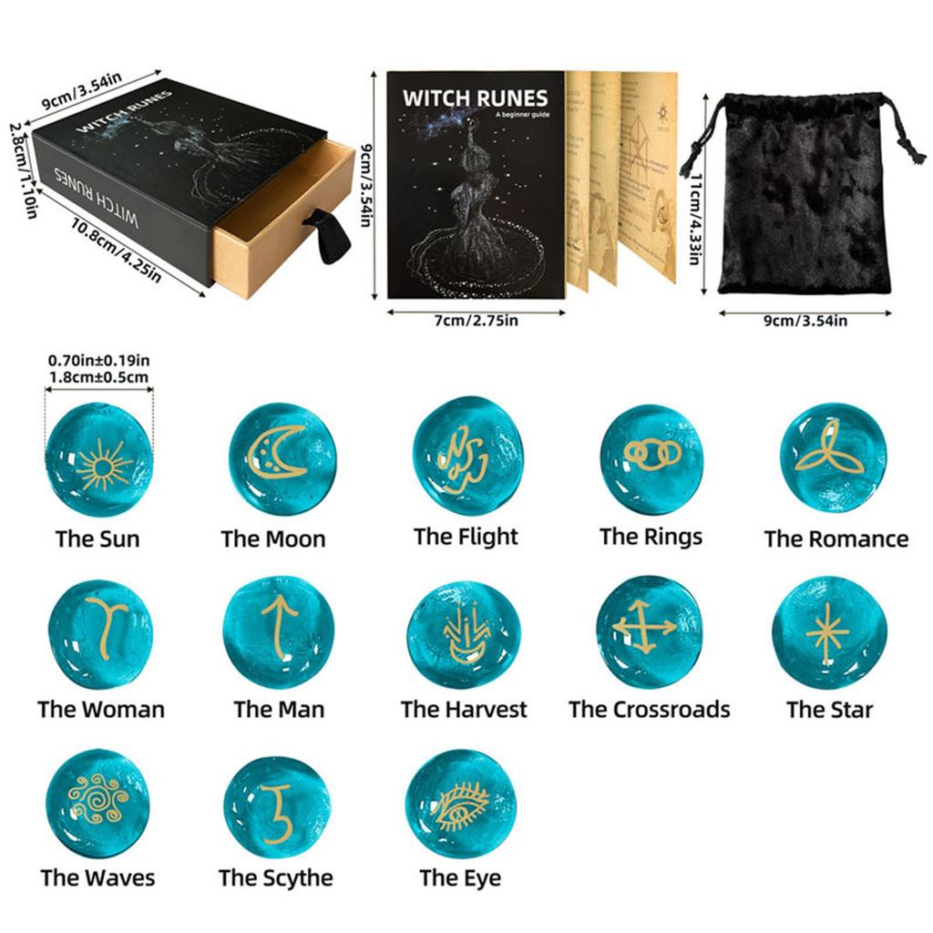 13Pcs Glass Runes Stone with Instruction and Storage Bag Irregular Divination Runes Stone Metaphysical Heal Runes