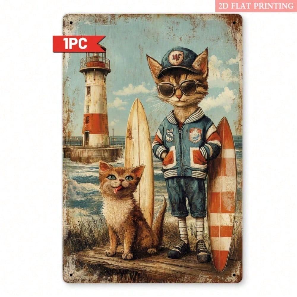 Vintage Nautical Cat Metal Wall Art, 8x12 Inch Lighthouse Iron Sign for Beach House Decor