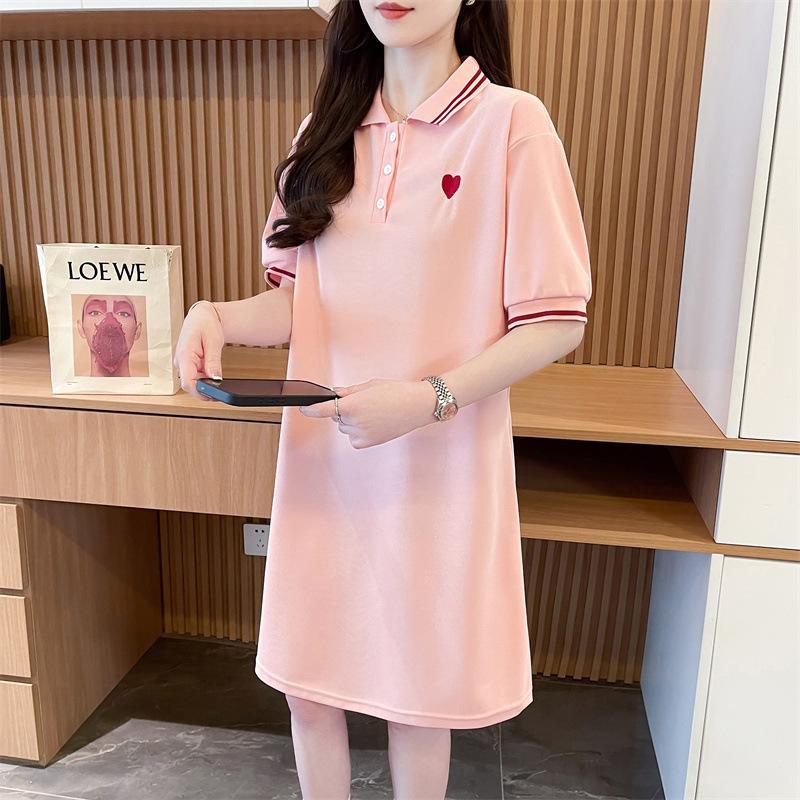 Pure cotton summer new short-sleeved POLO shirt lapel dress women's small college style thin embroidered T-shirt skirt