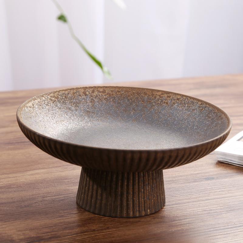 Chinese Retro Glazed Ceramic Plate High Foot Fruit Dish Japanese Zen Tea Tray for Home