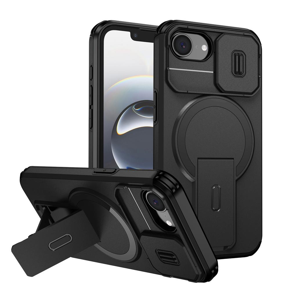 KEYSION Shockproof Armor Magnetic Case for iPhone 16e Silicone+PC Slide Camera Protect Kickstand Wireless Charging Phone Cover