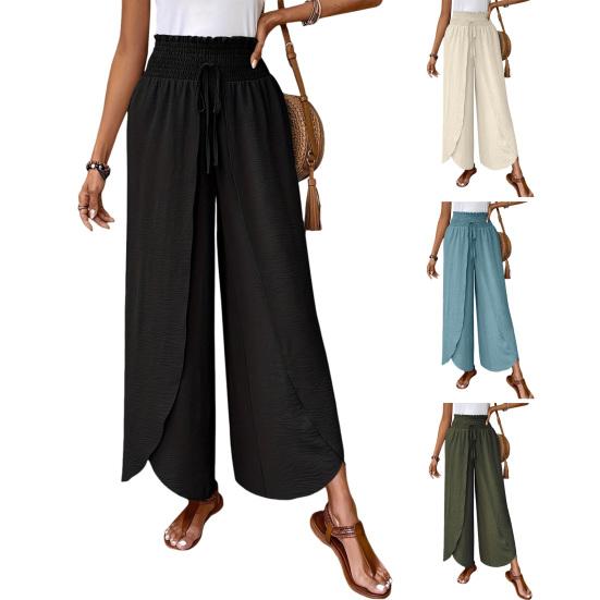Women Pants Elastic Waist High Side Split Casual Pants Spring Summer Autumn Breathable Solid Color Loose Fit Wide Legs Trousers