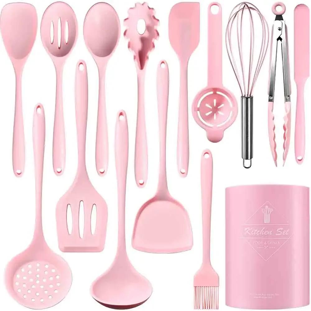 15Pcs Pink Food Grade Silicone Kitchen Cookware Utensils Set Turner Spatula Soup Spoon Practical Cooking Tool Kitchenware Set