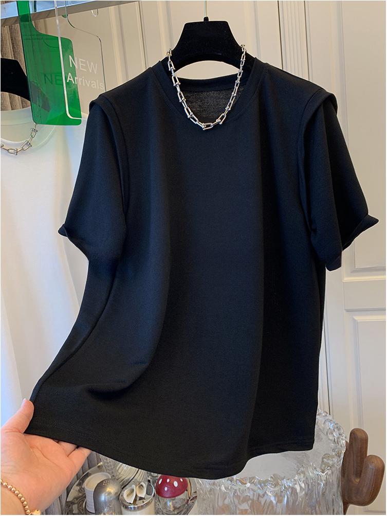 

Женский хлопковый топ с коротким рукавом в европейском стиле, имитация двойки - Летний свободный крой, Большой размер, Однотонный, Шикарный дизайн (2025) L чёрный