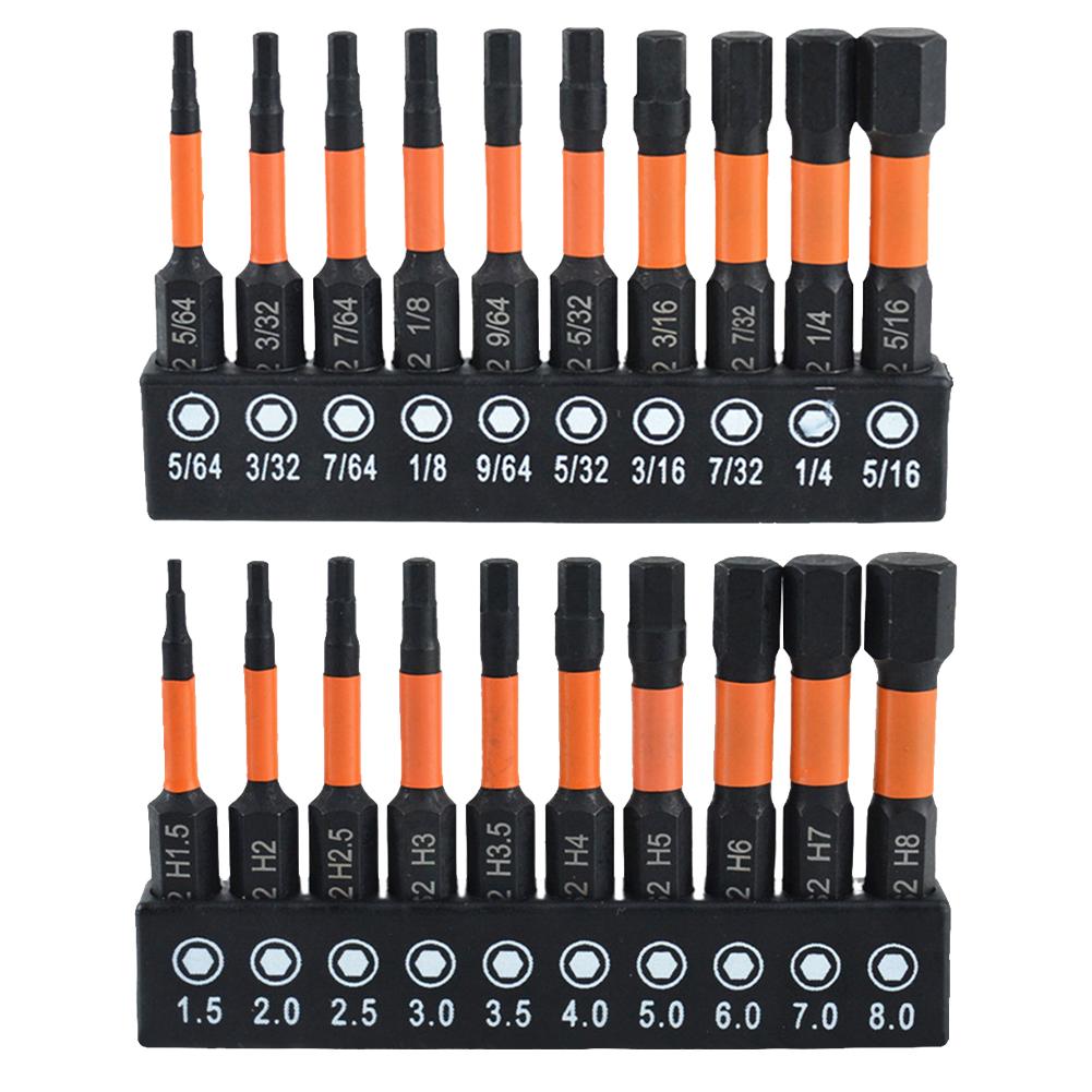 10/20 Pcs Hex Bit Set S2 Steel 1/4 Hex-Shank Allen Key Drill Bit Set Metric & SAE 2 In Long Magnetic Hex Bits Allen Bit Set