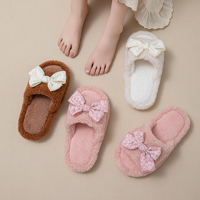 Bow Open Cotton Slippers Warm Fluffy Slippers Home Plush Slippers