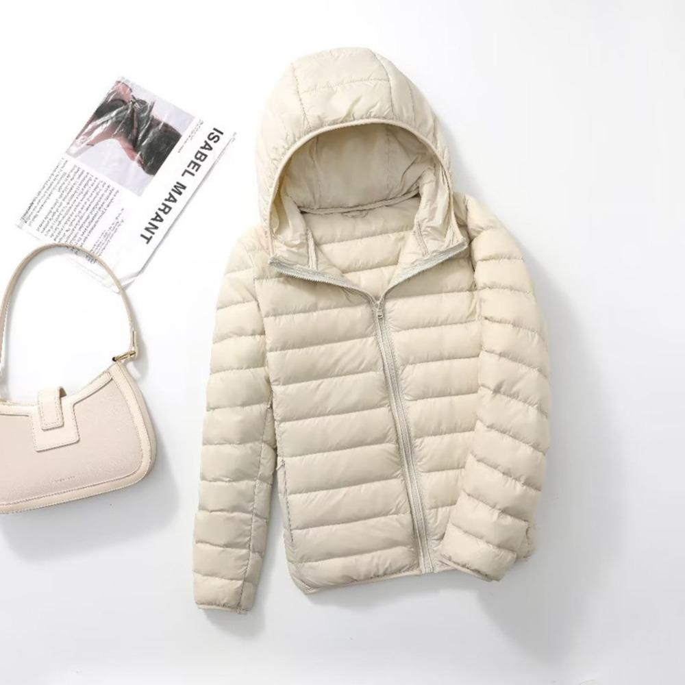 Women's Hooded Long Sleeve Puffer Jacket Slim Fit Lightweight White Duck Down Winter Coat