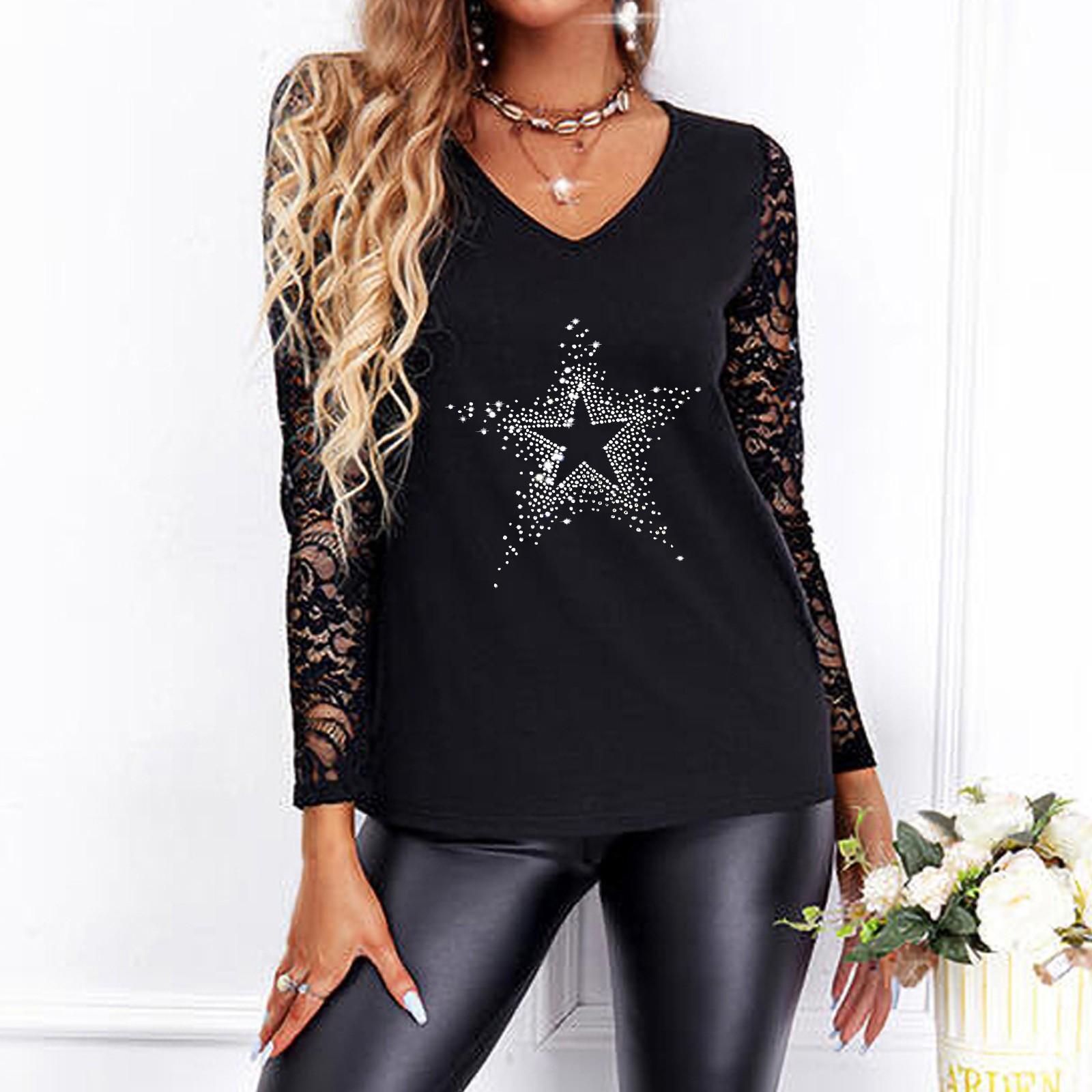 

Женская сексуальная футболка с длинным рукавом и v-образным вырезом, кружевная модная футболка с принтом, пуловер, топы, блузка M чёрный