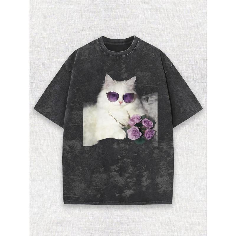 

European sizes Men s Retro Distressed Washed Crew Neck T-Shirt, Casual Fashion Wear White Cat with Purple Fashion Glasses And Roses Print 5XL чорний