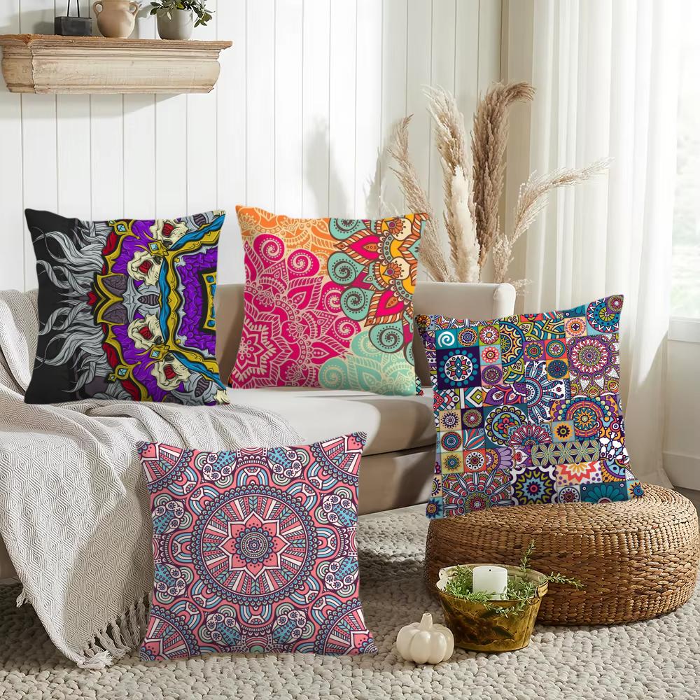 Mandala Pattern Cushion Cover Silky Short Plush Invisible Zipper Dustproof Sofa Pillow Case For Home Decor