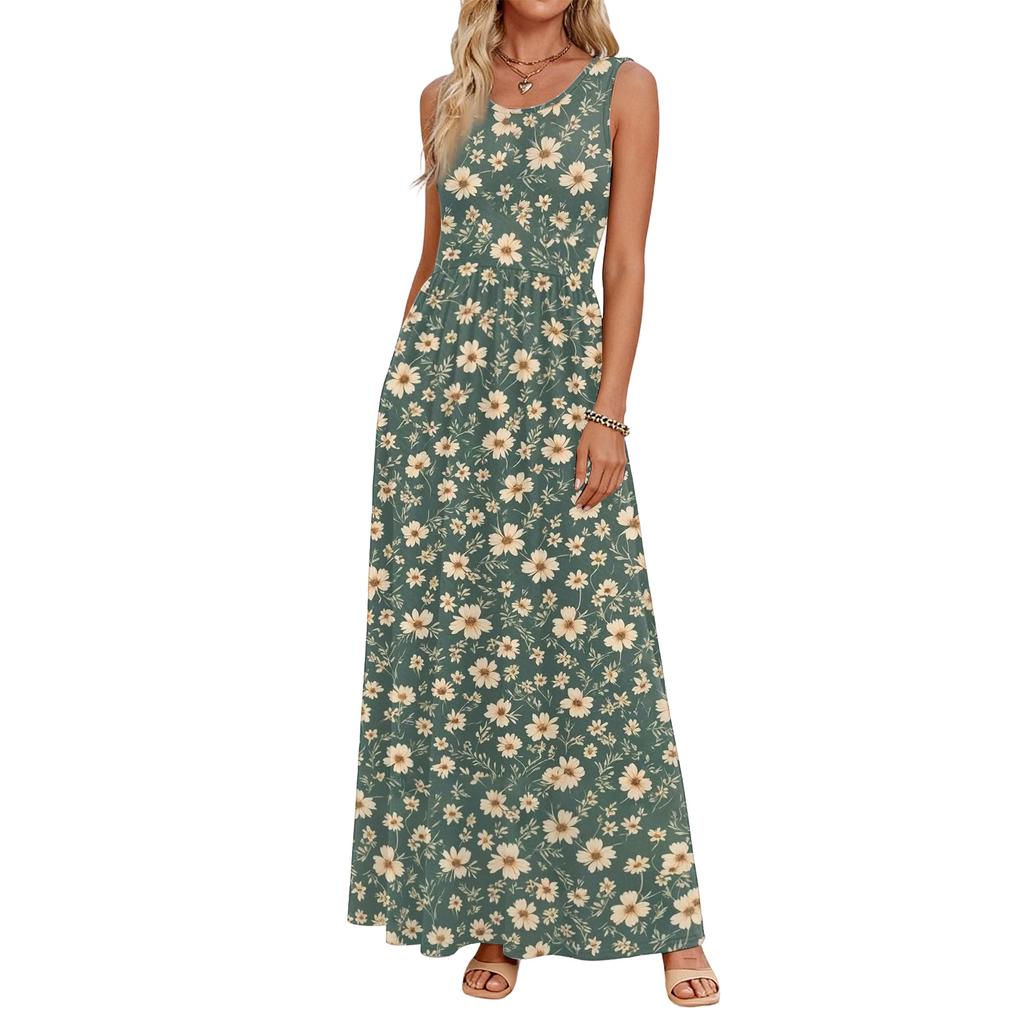 Ärmelloses Maxikleid mit Blumenprint für Damen, lässiger lockerer Schnitt, Sommer-Maxikleid mit Taschen, Rundhalsausschnitt