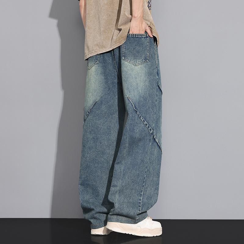 Men's Vintage Blue Wide Leg Drawstring Cargo Jeans - Oversized Streetwear Baggy Denim Trousers