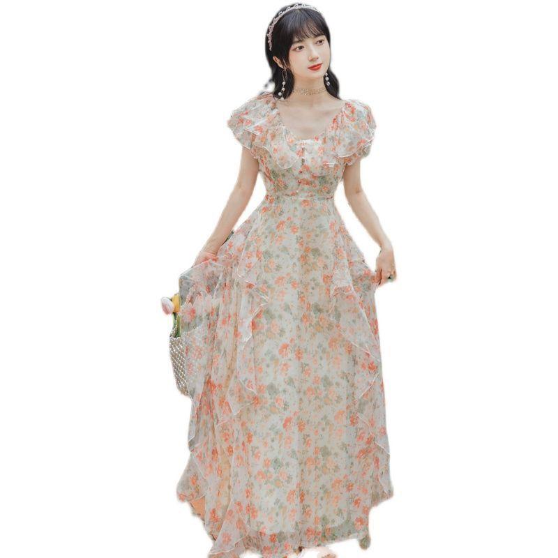 Retro-Blumen-Chiffonkleid mit langem Sommer-Taillen-Hugging und schlankmachendem Ein-Schulter-Langrock