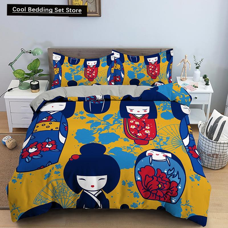 Bettbezug mit japanischer Puppe, bedruckt, King-Queen-Bett, Cartoon-Glückskatze, Bettwäscheset für Kinder und Mädchen, Fan, weiß, 2/3-teilig, Polyester-Bettbezug