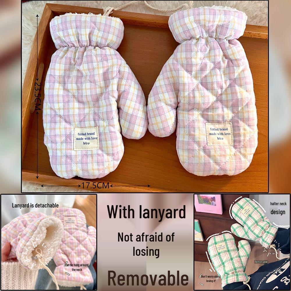 

Plush Plaid Windproof Mittens for Girls – Thickened, Warm, Hanging Neck Style, Perfect for Autumn/Winter Cycling