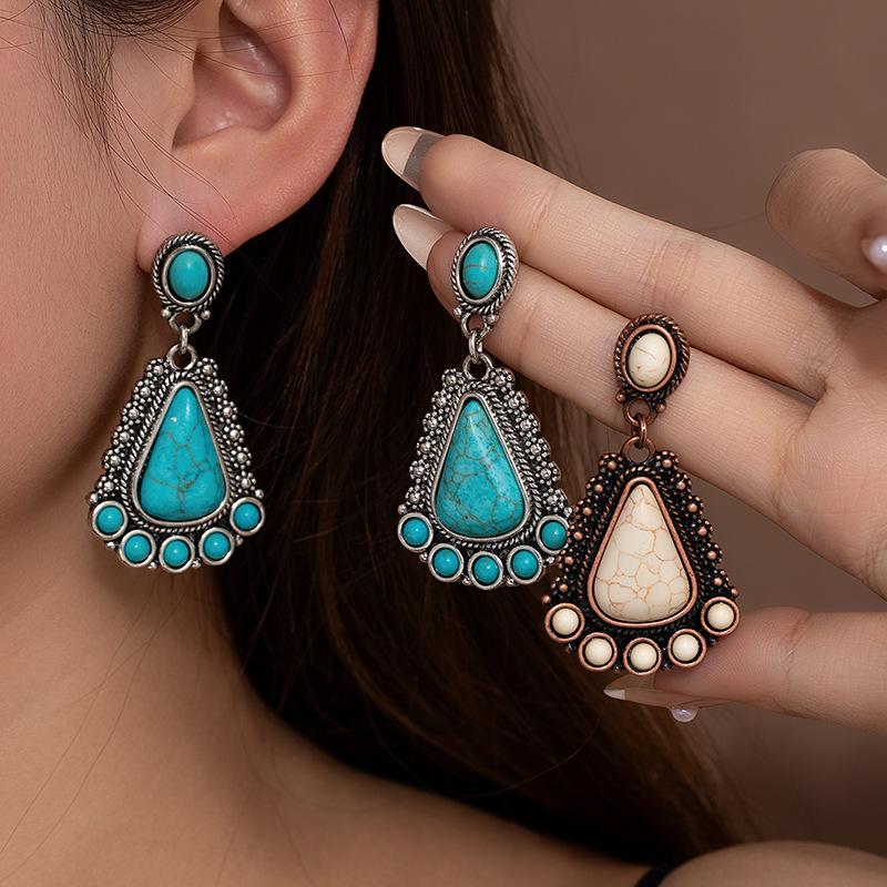 Bohemian Turquoise Geometric Drop Earrings Vintage Statement Dangle Earrings for Women Retro Fashion Jewelry Trendy Boho Accessories
