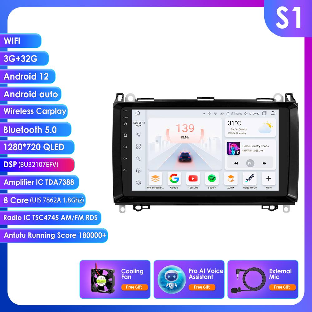 HIzpo 9" Android 13 Wireless Carplay for Mercedes Benz B200 W245 W639 W906 Sprinter Navi GPS 2 Din Car Radio Multimedia Player RDS DSP Bluetooth SWC