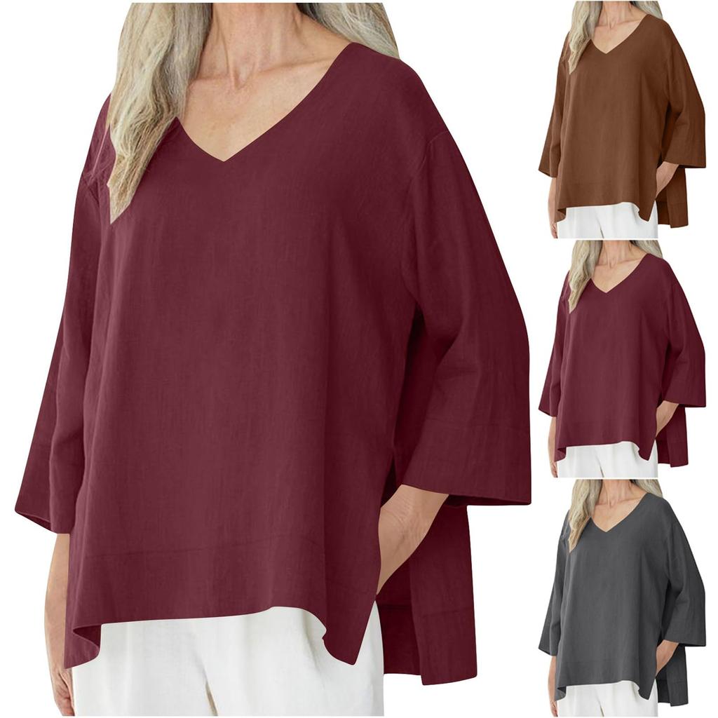 Ladies' Casual Fashion Solid Color V-neck Loose Slit Casual Solid Color Cotton And Linen Top