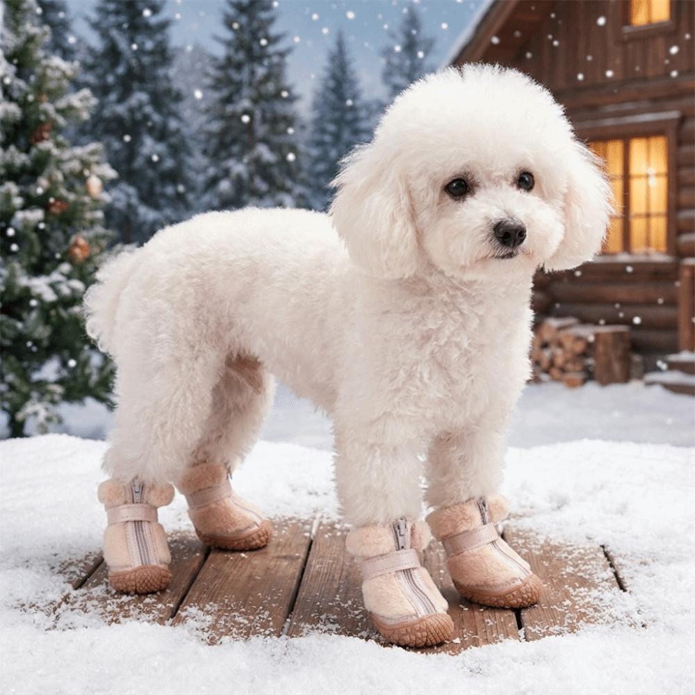 4 PCS/SET Plush Lined Dog Cotton Shoes Thickened Anti-Slip Dog Shoes Winter Dog Snow Boots  Walking