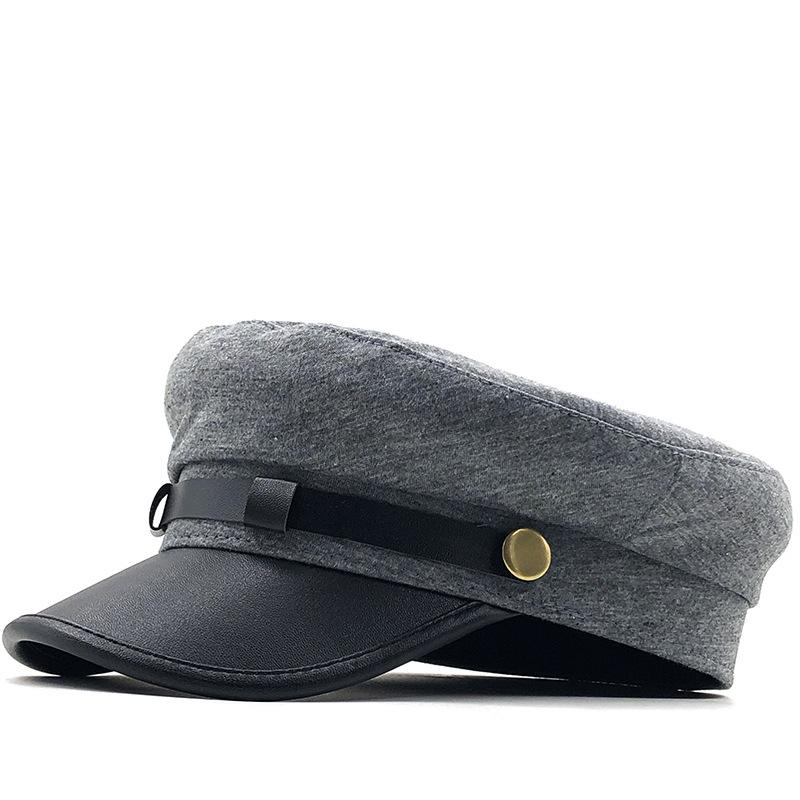 Hat Spring and Summer New Navy Hat Women's British Retro Beret Men's PU Leather Sealing Flat Top Hat Student Hat