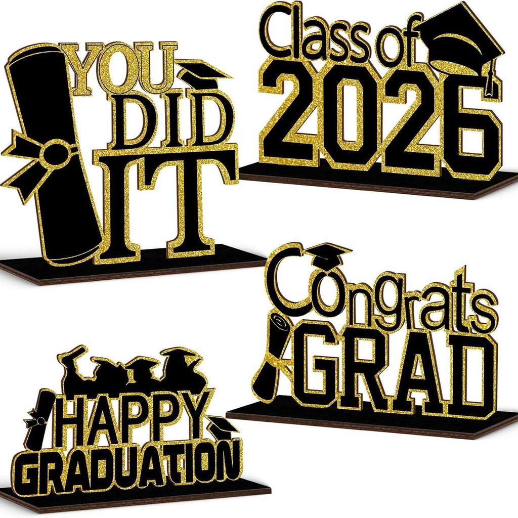 2026 Graduation Desktop Decor: Set of 4 Wooden Ornaments for Party Scenes