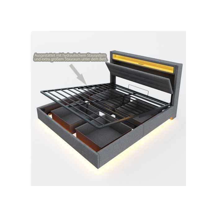 Lit rembourré 140x200 cm, cadre de lit flottant hydraulique avec espace de rangement, avec prise USB