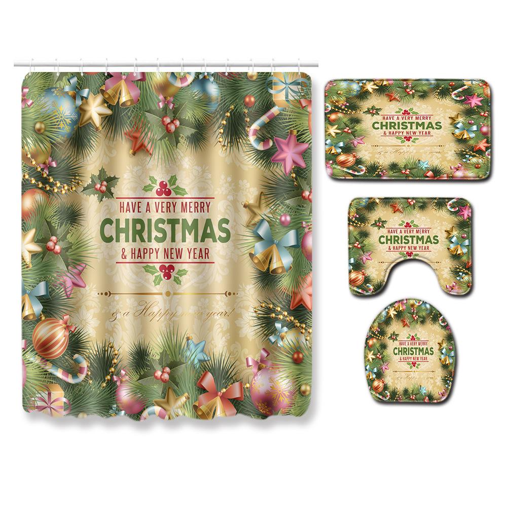 Christmas Home Shower Curtain Waterproof Polyester Cloth Toilet Floor Mat Four-Piece Set Entrance Door Mat Bedroom Living Room Carpet
