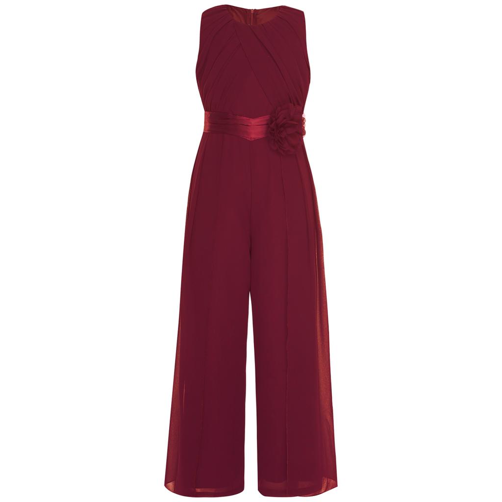 Girls Party Wear Solid Color Sleeveless High Waist Ruffled Chiffon Detachable Flower Wedding Jumpsuit