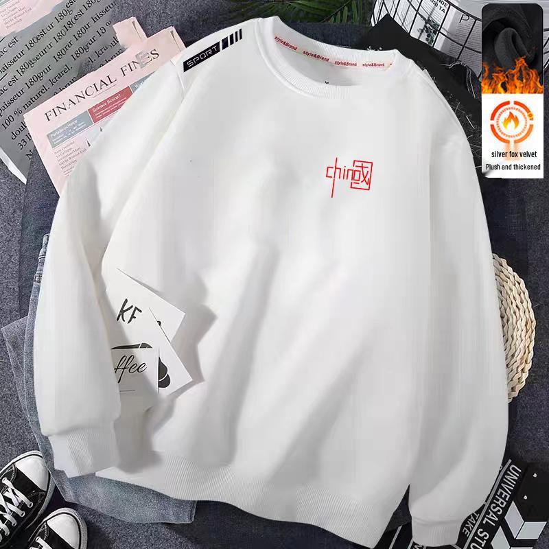 Men's Versatile Round Neck Loose Pullover Hoodie - Plus Velvet Long Sleeve, Autumn/Winter.