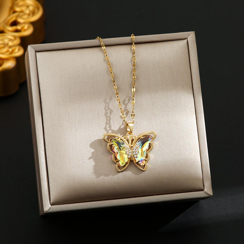 Korean Butterfly Tassel Luxury Diamond Titanium Steel Necklace - Women's Versatile Clavicle Jewelry