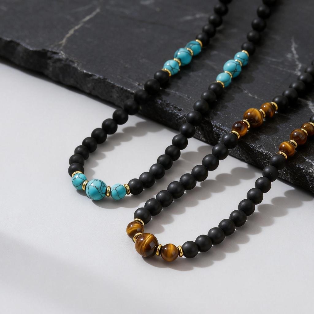 Casual Turquoise Beaded Necklaces for Men Boys,Summer Beach Tiger Eye Stone Collar,Waterproof Swimming Jewelry Gift