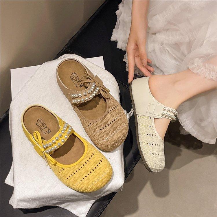 Baotou Slippers Wear Women's Heightening Pearl Birkencool Slippers with One Pedal, Breathable Mesh Flying Weaving 2025 Summer New Models