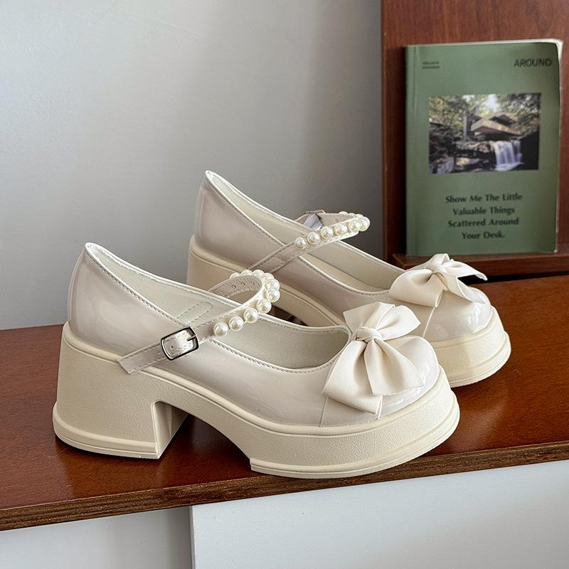 

Fashion bow platform Mary Jane shoes women s summer OJRZ French thick heel design pearl with skirt small single shoes 39 бежевый