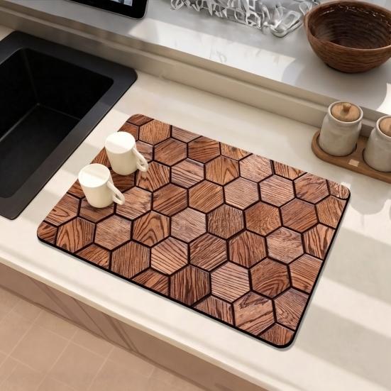 Rutschfeste Bar-Service-Matte 3D Holzmaserung Geschirrtrockenmatte, Kieselgur-Absorbent für Küchenarbeitsplatte, Rutschfest Hitzebeständig Tassen-Kaffee-Pad Multi