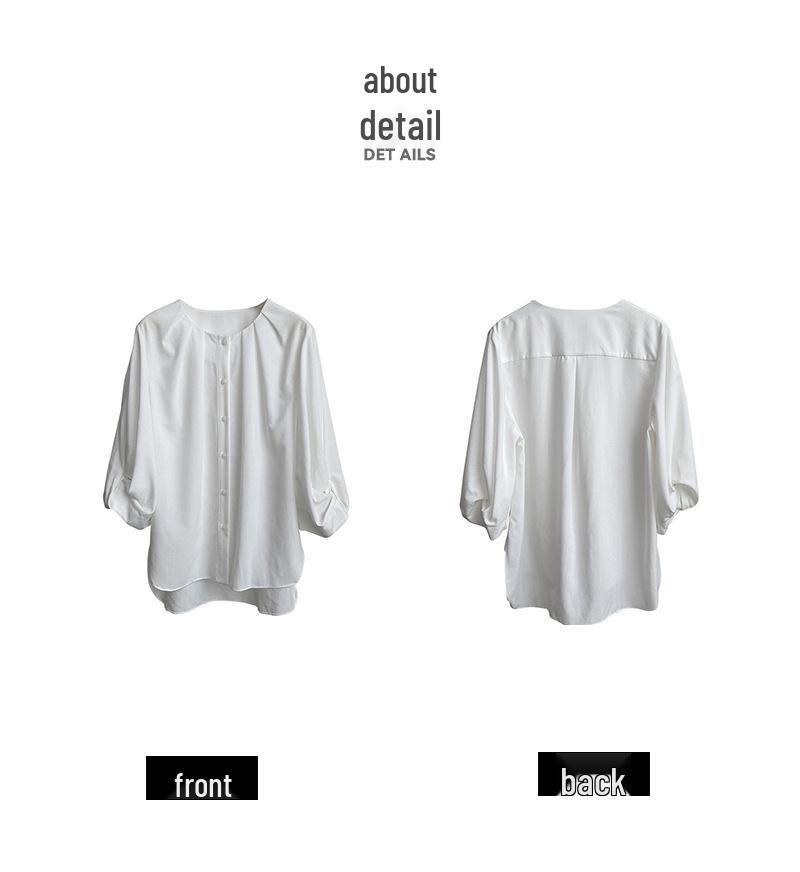 Ju Zhi 2025 Spring Chic Solid Color French Round Neck Gathered Sleeve Women's Shirt