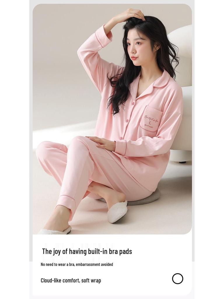 2025 Damen Cartoon Baumwolle Langarm Pyjama Set mit Brustpolster für Drinnen und Draußen - Herbst- und Winterkollektion